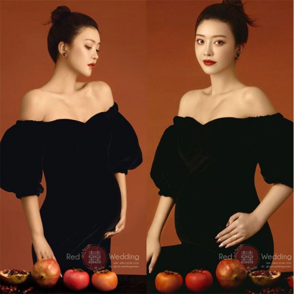 Gaun Maternity Dress Gown Black Off Shoulder Photoshoot Baju Hamil Hitam Stretch Perfect Fit
