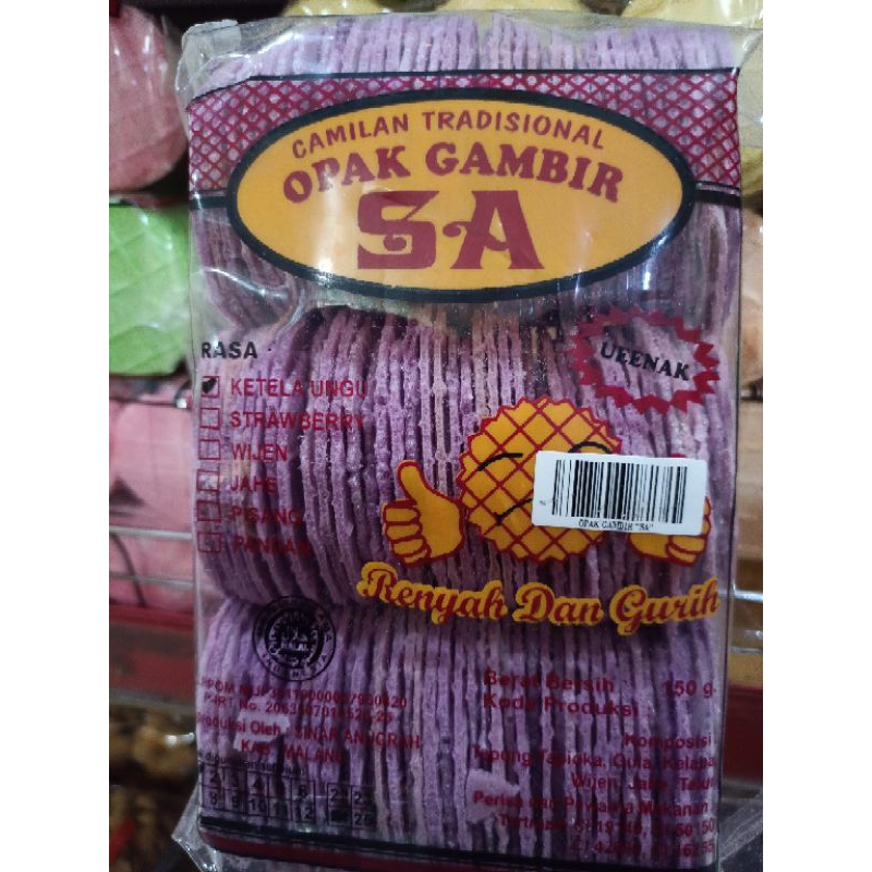 

Opak Gambir SA rasa ketela ungu 150 gram / Oleh Oleh Magelang Temanggung Wonosobo Yogyakarta / Keripik Kerupuk Cemilan Snack