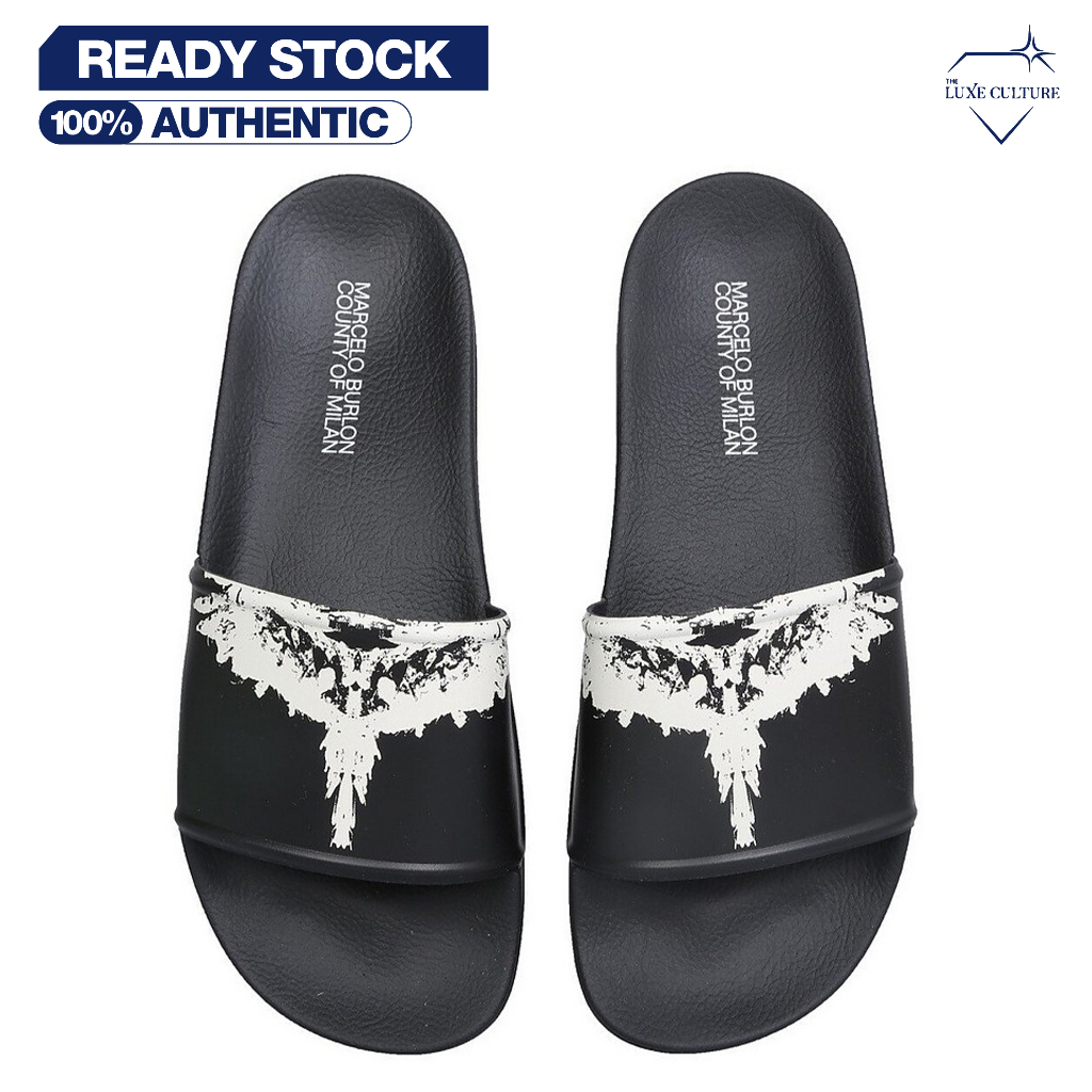 Marcelo Burlon Wing White Black Slide Slippers / Sandal Pria Branded Original