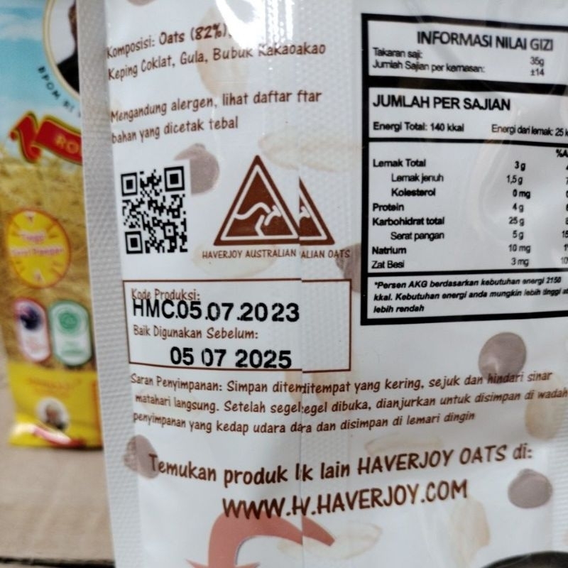 

2Xbtygneal Sakha Snack ) Haverjoy Oatmeal 500 Gr Australian Oat Havermout Rolled Quick