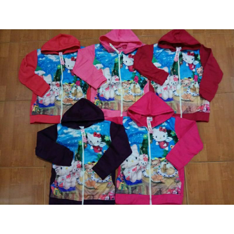 jaket anak cewek bahan fleece akp thailand motif hello kitty blue sky