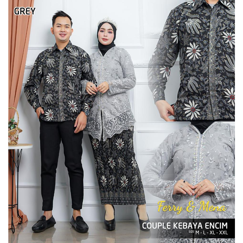 Couple kemeja dan kebaya blouse encim payet - kebaya couple modern - outfit kekinian - motif bunga d