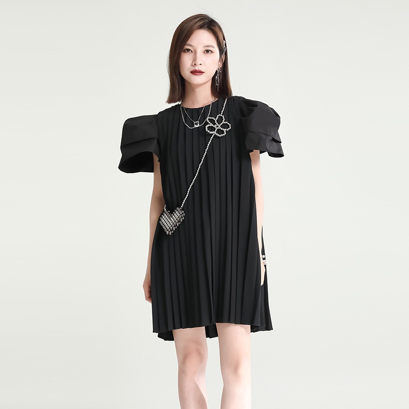 FW23-08803 Terusan Wanita. Women's Puff Sleeve Fashion Pleated Loose Dress