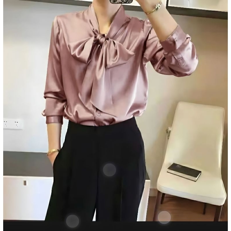 Korean Style Atasan Blouse Kemeja Casual Bahan Satin Silk Premium/ Atasan Wanita Basic Polos Terbaru