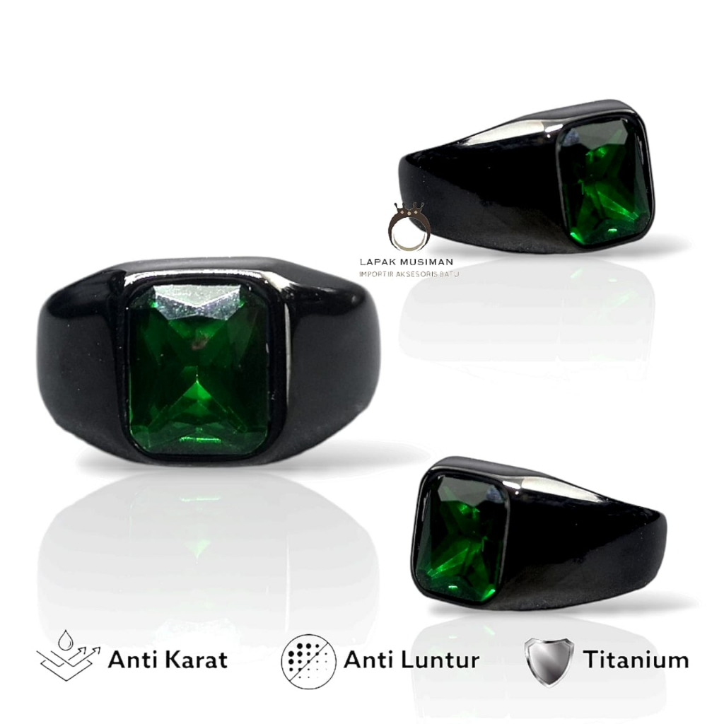 Cincin Pria Titanium Warna Hitam Anti Karat Batu Zamrud Hijau