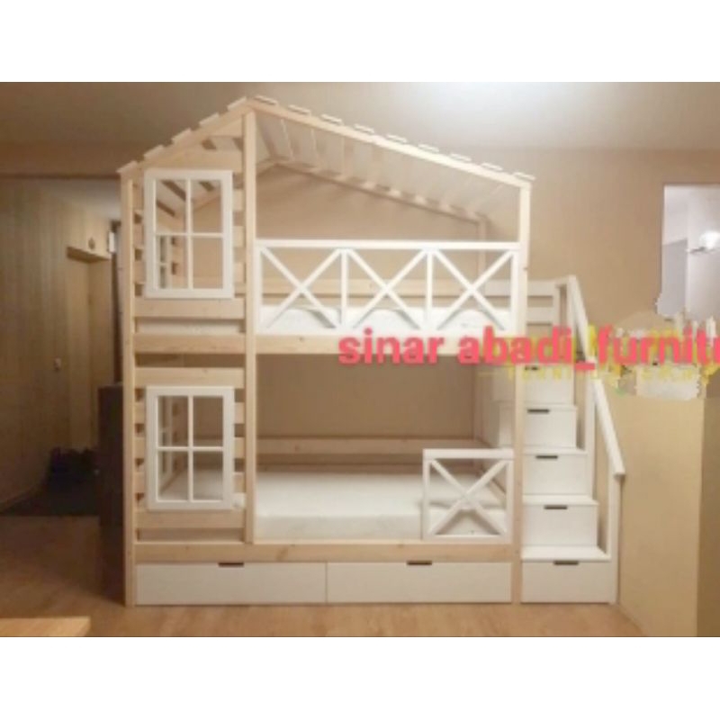 tempat tidur anak tingkat+tangga laci+2laci bawah kasur size 100×200×270