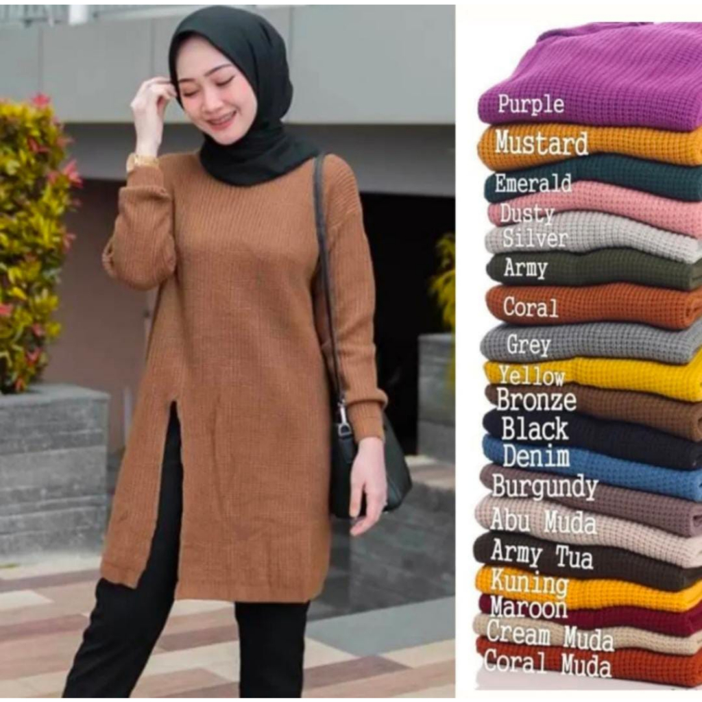 sweter slit-sweater wanita panjang Sweater Tunik Slit Rajut Belah Pinggir / Samping