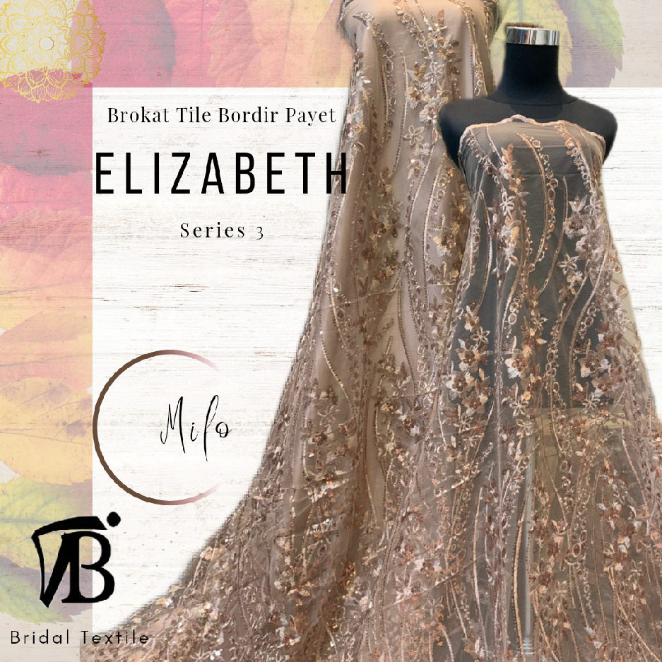 Bahan Kain Kebaya Brokat Tile Bordir Payet Mewah Elizabeth Motif 3 Warna Coklat Mocca Milo