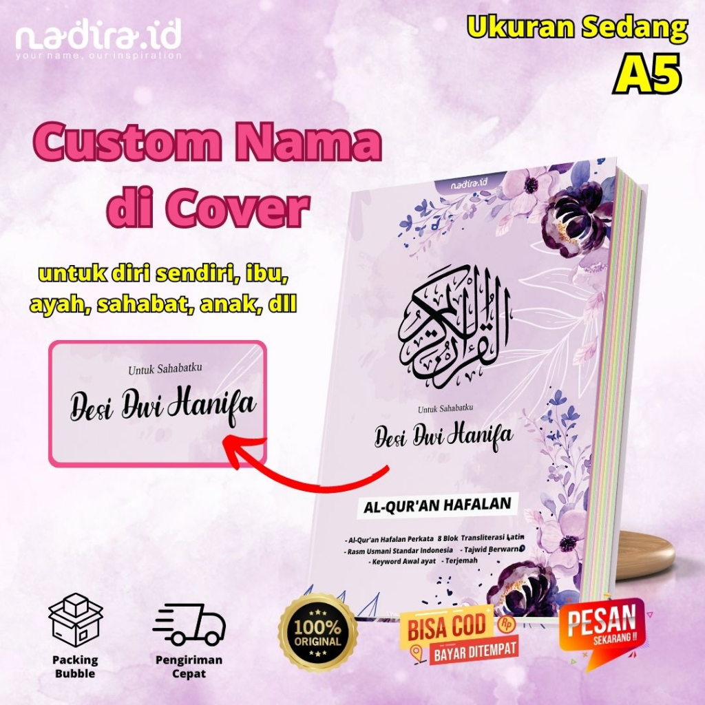 AlQuran Custom Nama (GRATIS TULIS NAMA TANPA PO) Ukuran A5 Desain Cantik Fitur Lengkap Bisa COD desain by Nadira.id