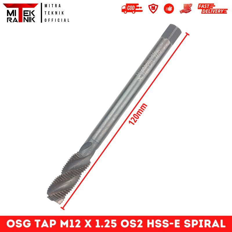 Tap M12 x 1.25 Panjang 120mm Pembuat Drat Tap Baut 17 Spiral OSG