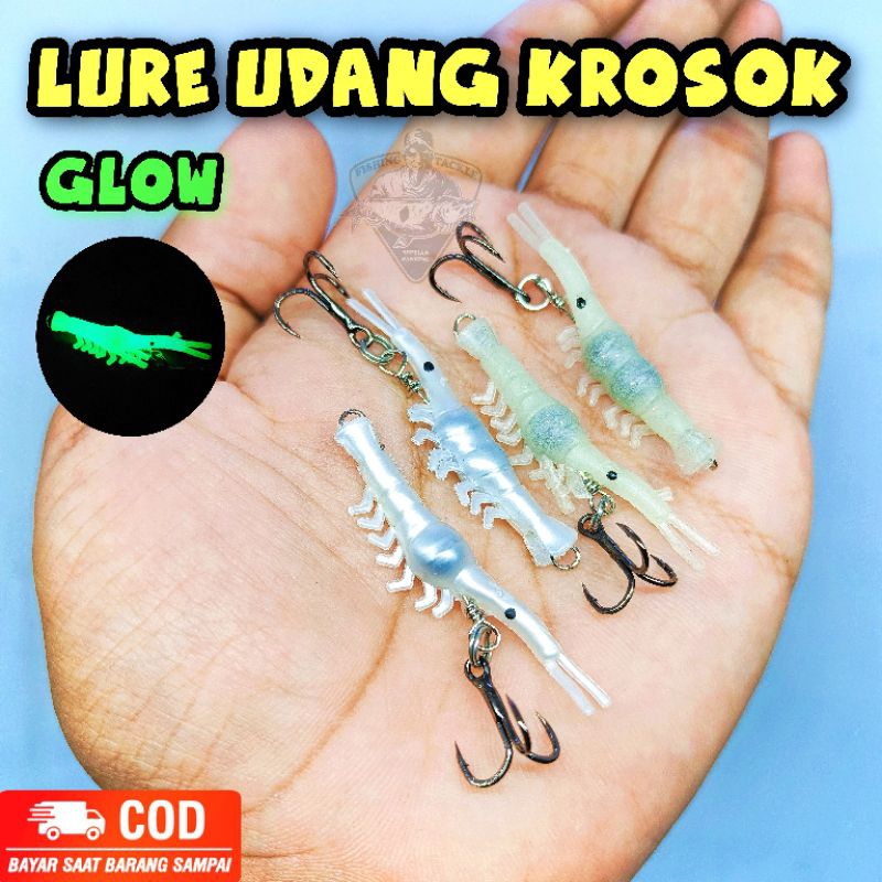 LURE UDANG KROSOK 4,5CM UMPAN CASTING HAMPALA DAN IKAN LAINYA GLOW MENYALA DALAM GELAP TREBLE 3X STR