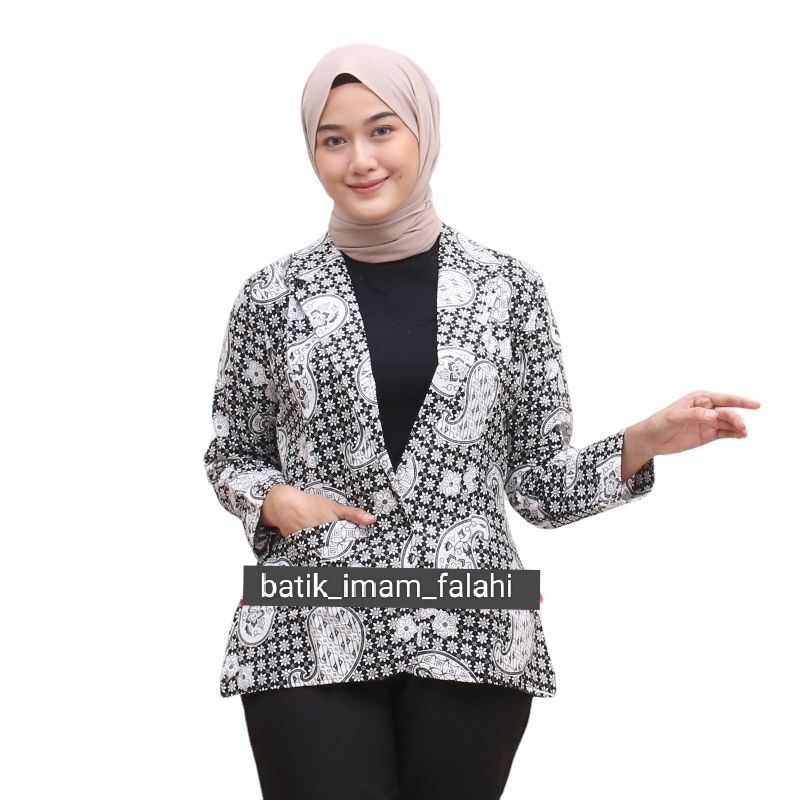 Blazer Batik Seragam Kantor Baju Kerja Guru Bahan Katun Adem Jumbo Wanita Hitam Putih XS S M L XL XXL 3XL