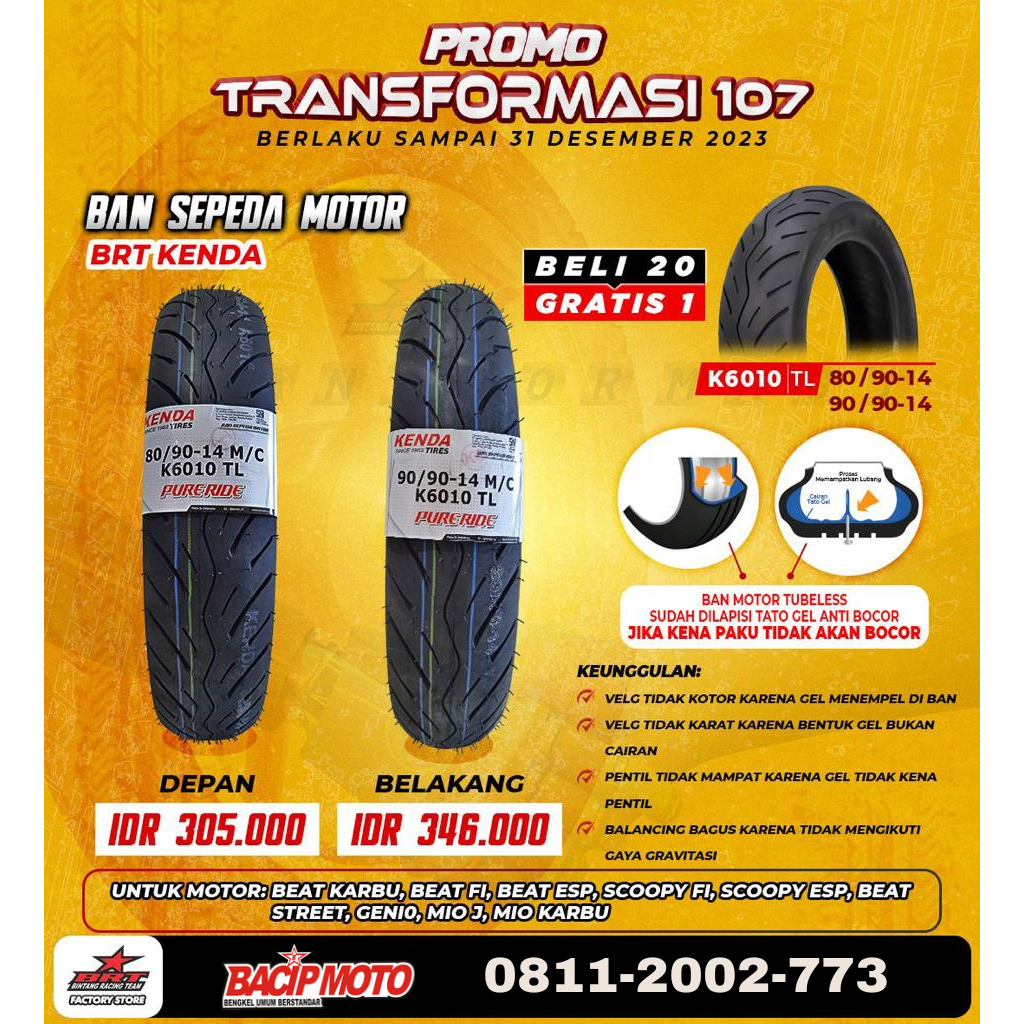 BAN BRT KENDA K6010 TL MOTOR BEAT KARBU BEAT FI BEAT ESP SCOOPY FI SCOOPY ESP BEAT STREET GENIO MIO 