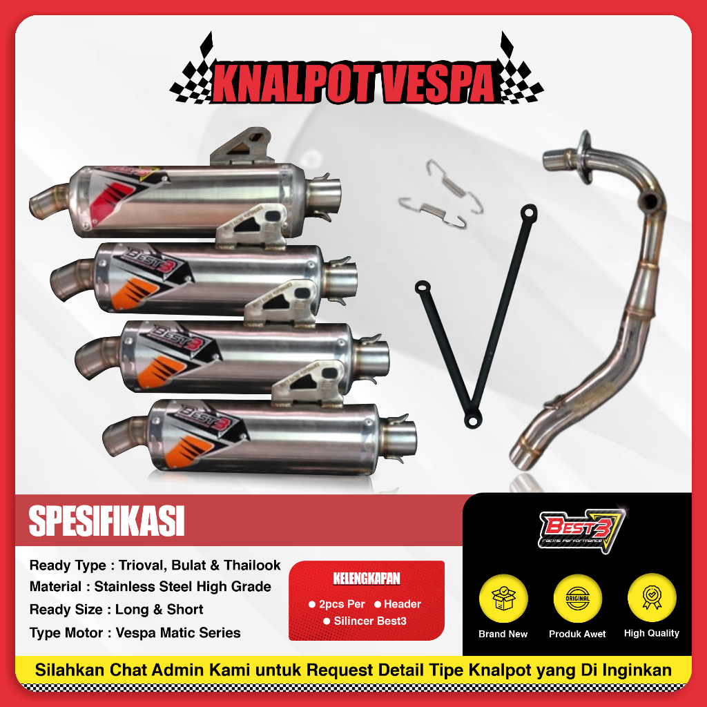 Knalpot Racing Best3 Vespa Matic Sprint & Primavera S LX Long Short