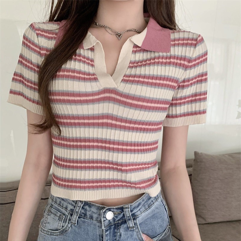 Atasan Rajut Lengan Pendek Salur Garis Garis Wanita Premium | Baju Rajut Salur Garis Garis Lengan Pe