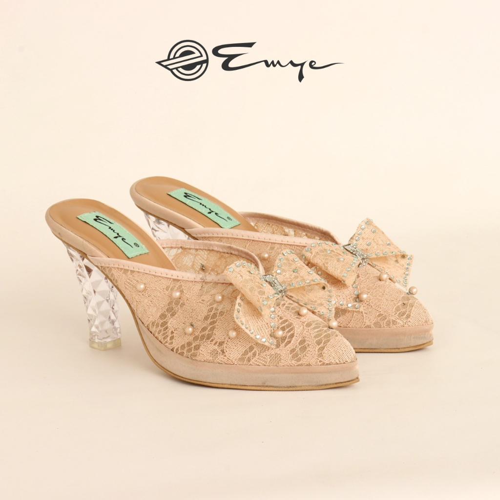 Emye - Sandal Heels Pesta Pengantin Wanita 9cm Brukat Transparant Sol Tebal 36-41 Hak Kaca Tinggi Lancip Runcing