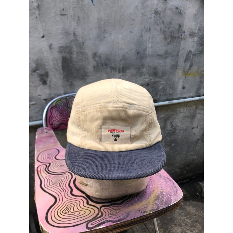 5 panel fishyco corduroy white and blue cap