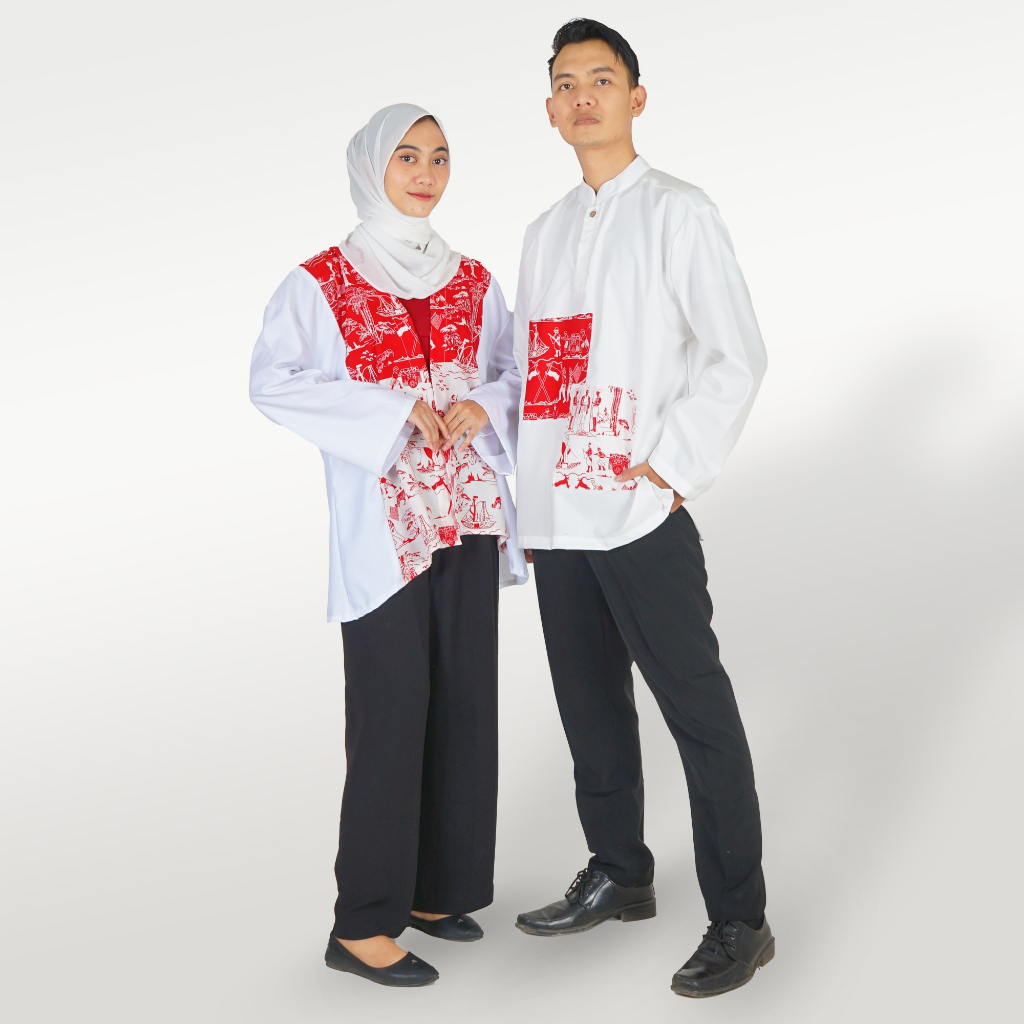 BATIK TRUSMI Set Couple Outer Batik Wanita dan Kemeja Pria Motif Bamboe Runtjing Merah Putih