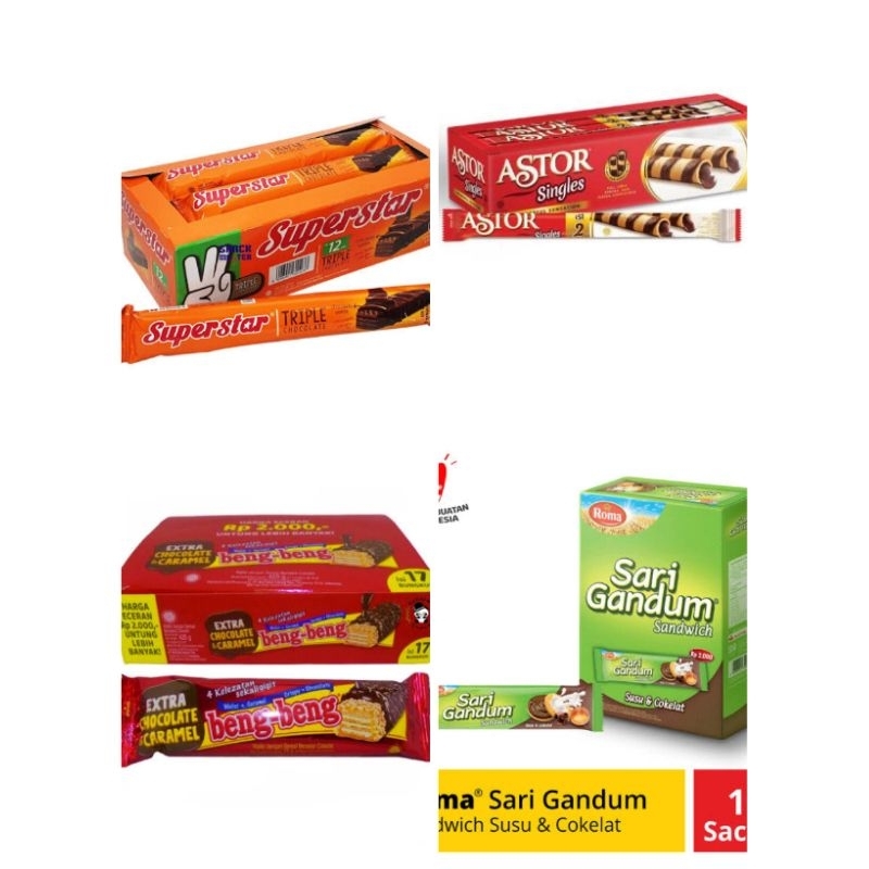 

Snack dan biskuit roma/mayora beng beng arden sari gandum better kalpa astor slai olai superstar choki choki roma kelapa kopiko