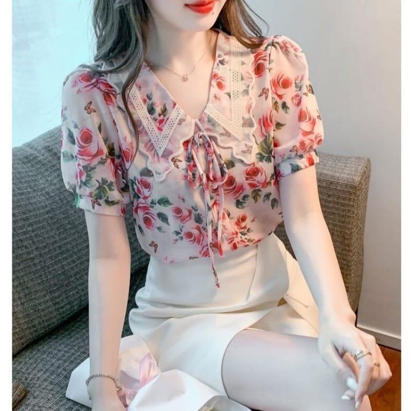2276 Atasan baju blus blouse kemeja lengan pendek kerah bunga merah muda bahan cifon ciffon import p