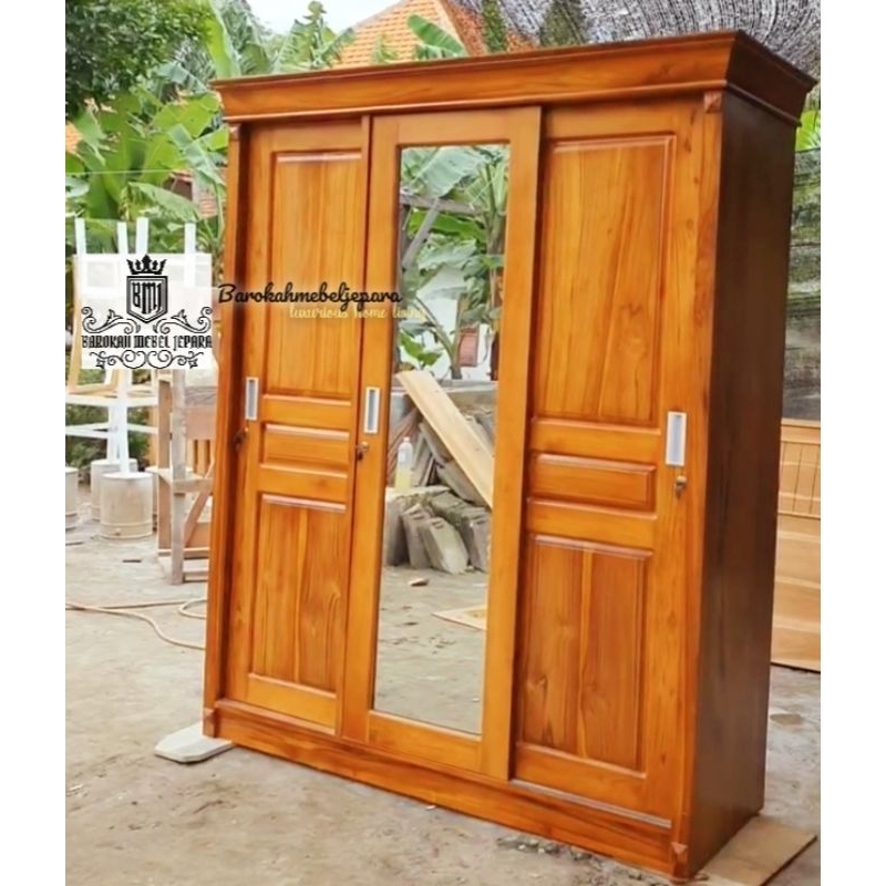 lemari pakaian jati TPK perhutani pintu 3 sleding