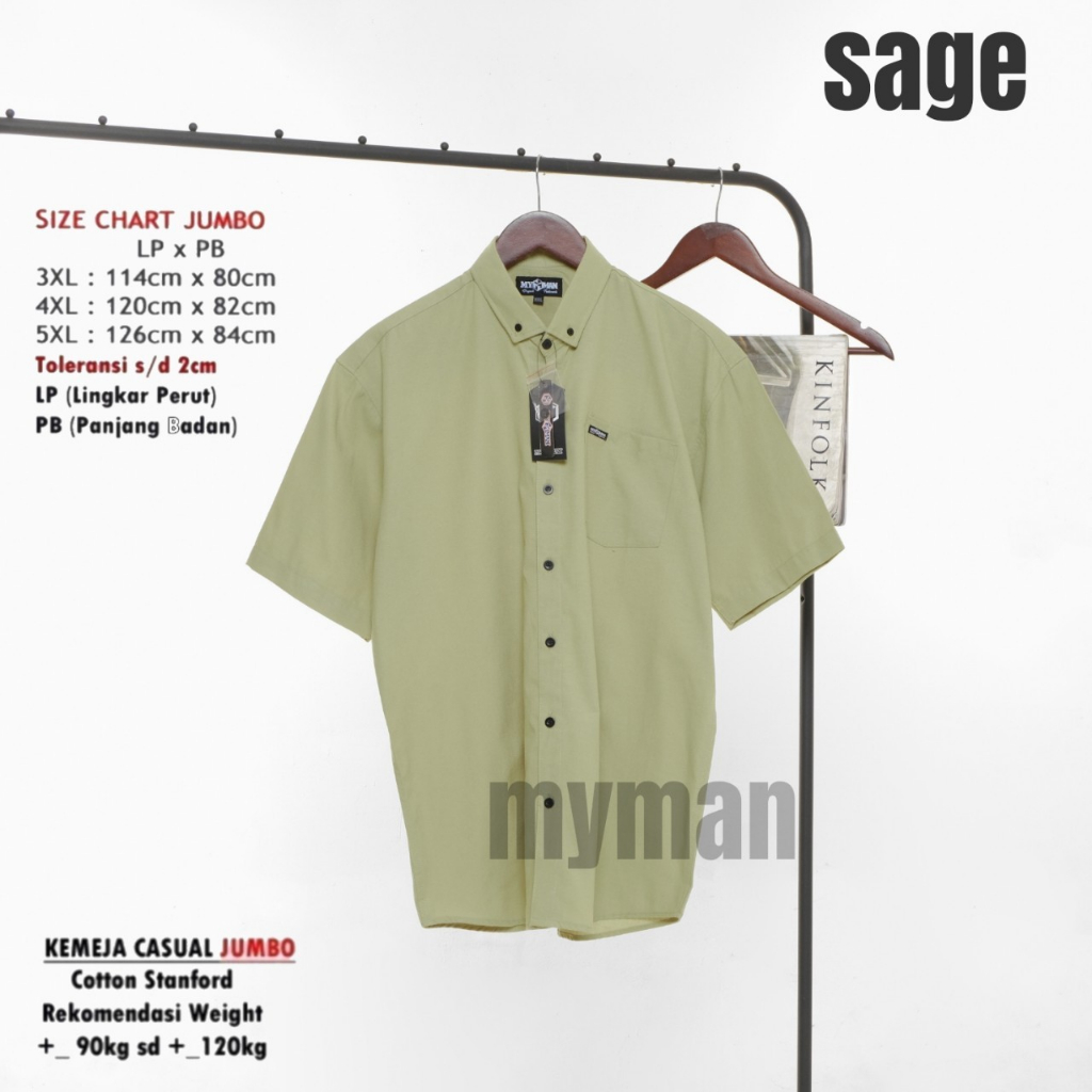 Kemeja Pria Lengan Pendek Jumbo Hem Katun Oxford Stanford - Sage