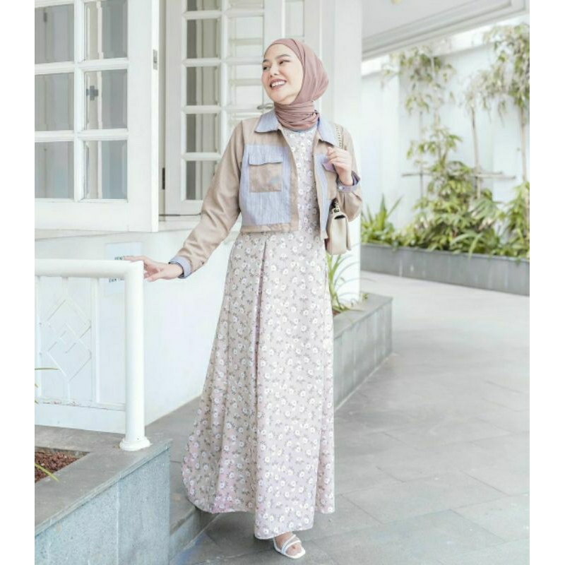 ELYSE DRESS JILBRAVE | Gamis Korean Style Motif Bunga Cute dengan Outer Corduroy menyatu