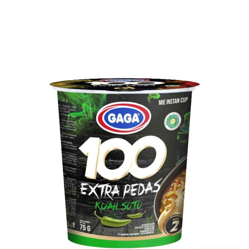 

Gaga 100 Extra Pedas Mie instant 75g cup goreng Jalapeno kuah soto