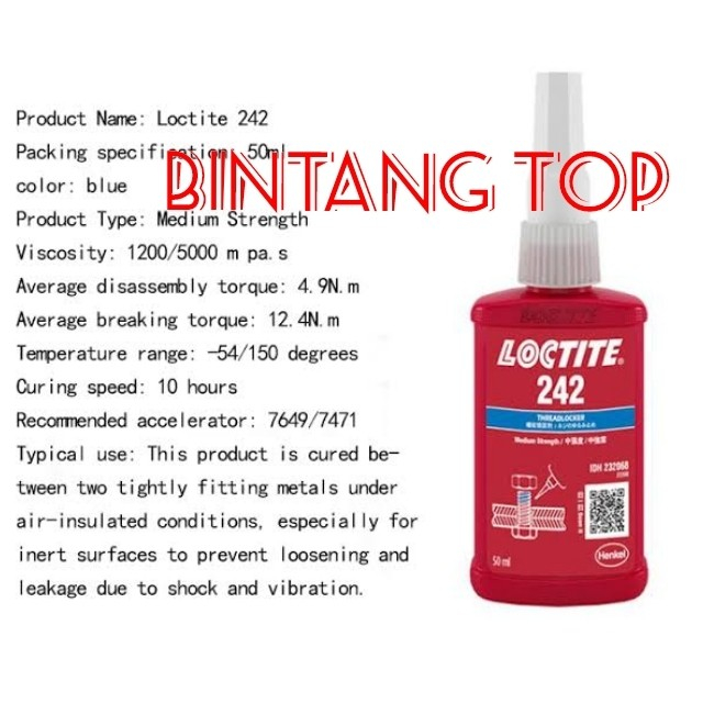

LEM BAUT LOCTITE 242 50 ML - LOCTITE 242 50ML MATERIAL LEM ORIGINAL