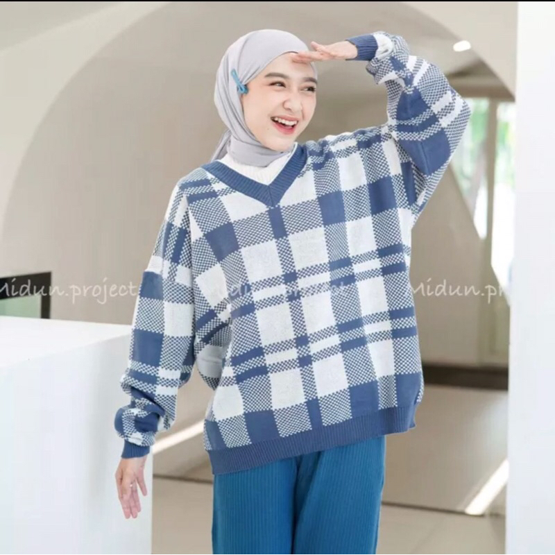 Motif Kotak kotak Blouse Rajut Wanita Import/ Kaos Rajut Wanita Import