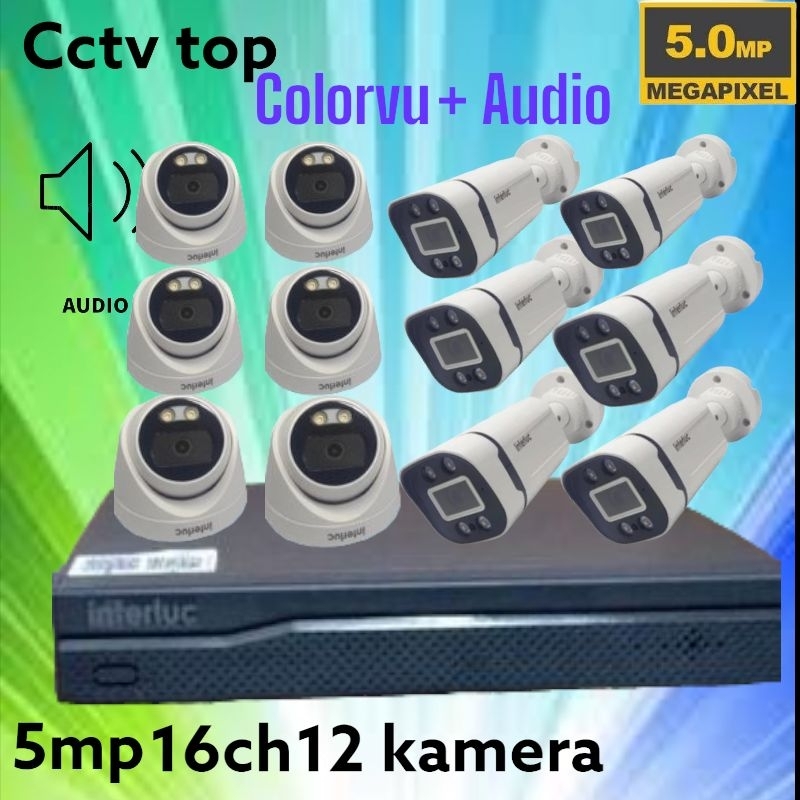 Paket cctv 16 ch 12 Kamera edge interluc 5mp Colorvu audio lengkap tinggal pasang