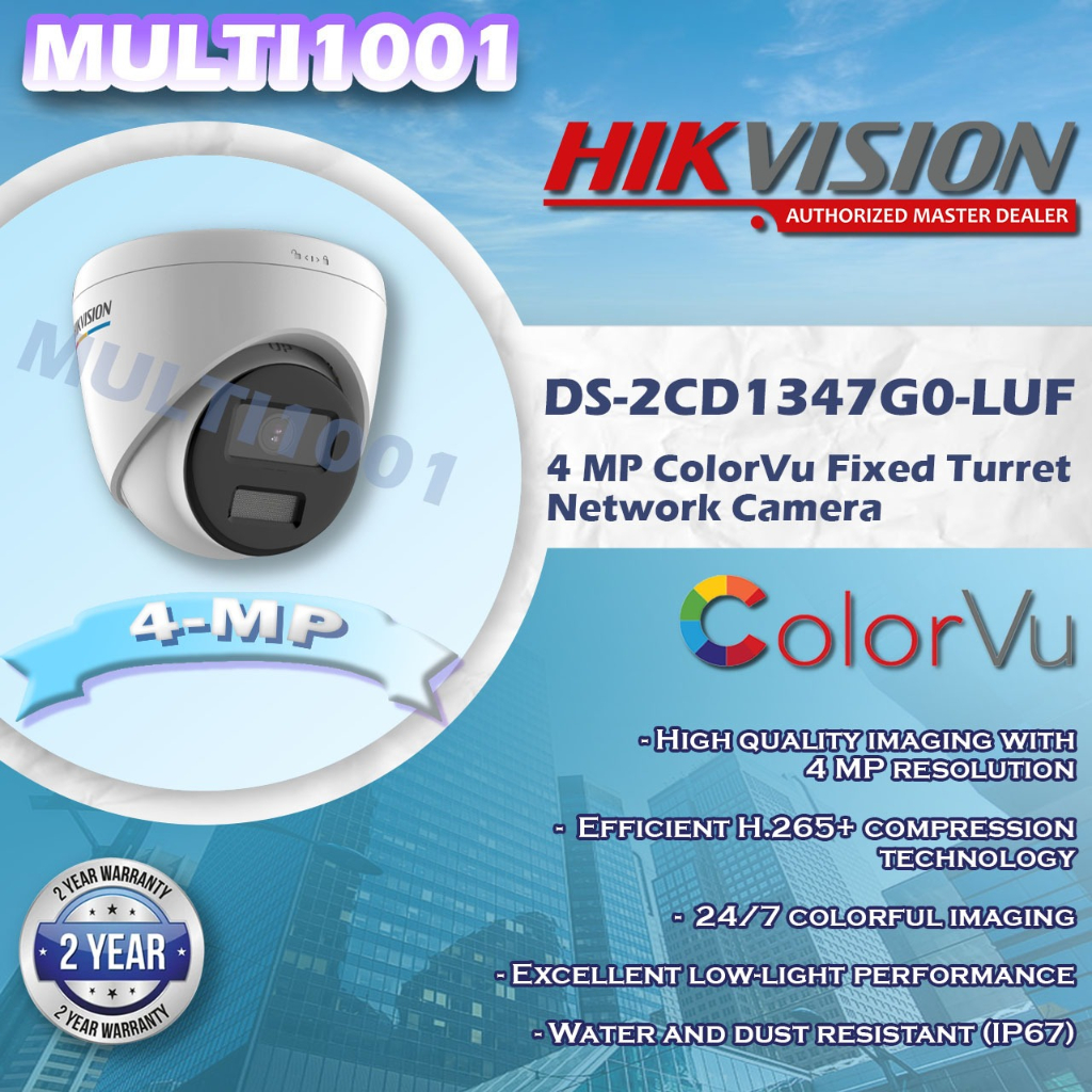 HIKVISION DS-2CD1347G0-LUF 4 MP ColorVu Fixed Turret Network Camera BUILT IN MIC