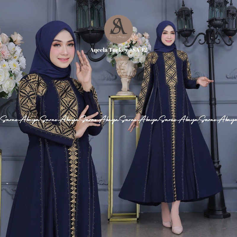 Sarae Abaya Turkey Premium Aqeela SA-12 Navy Gamis Bordir Payet Ceruty Turki Arab Mewah Elegan