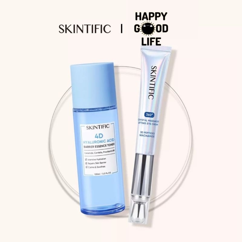 SKINTIFIC [2PCS] Hydrating Set - 4D Hyaluronic Acid Barrier Essence Toner + 360° Crystal Roll Massager Eye Cream