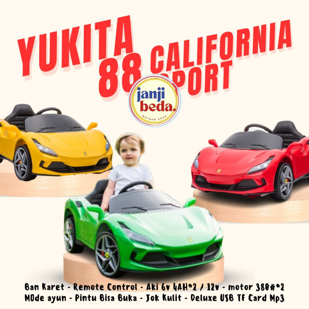 YUKITA 88 Mainan Anak Mobil Aki California Sport - Maenan Mobilan Ban Eva Remote Control Keren Kado 