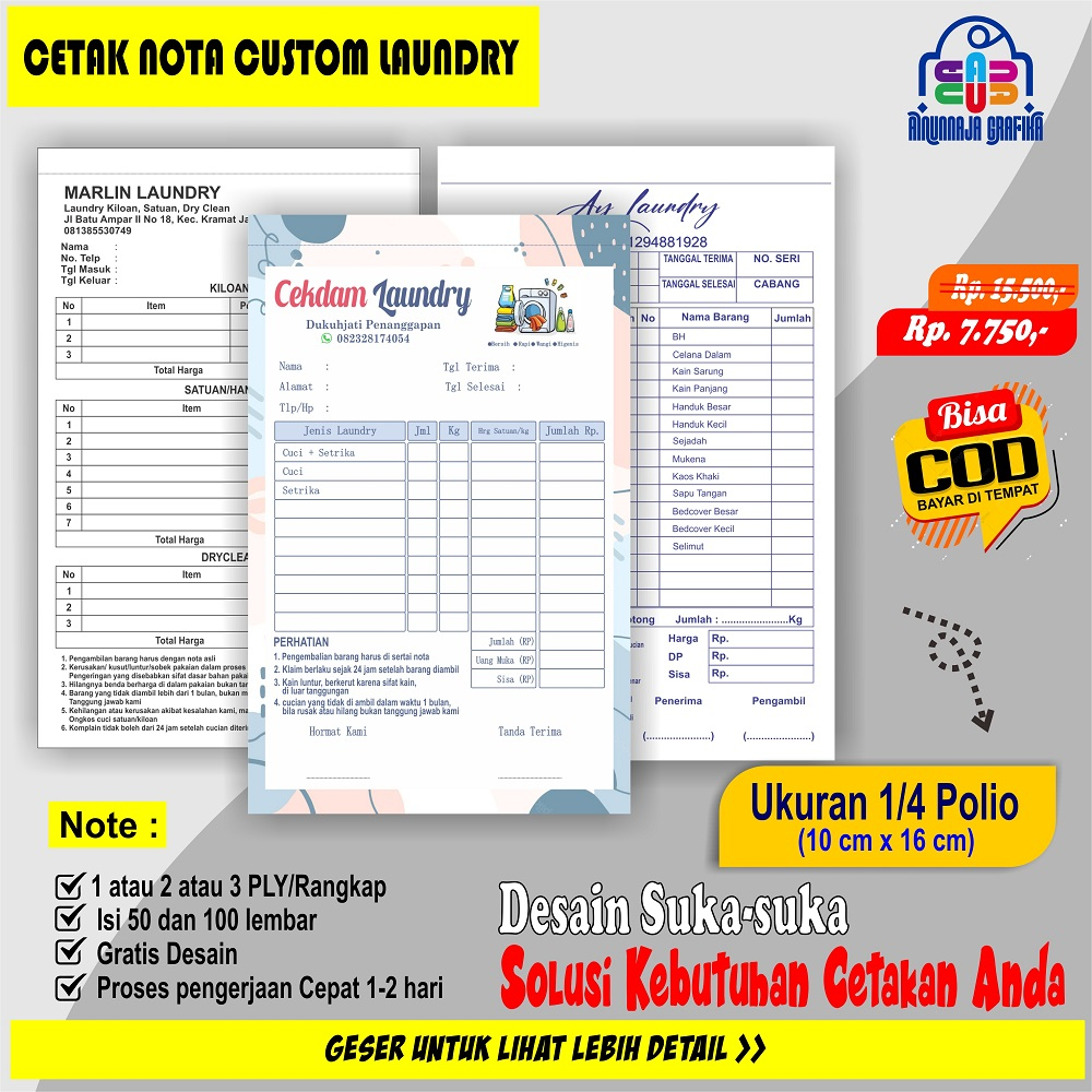 

Nota Laundry custom 1 atau 2 atau 3 rangkap, cetak nota laundry custom nama 50 dan 100 lmebar