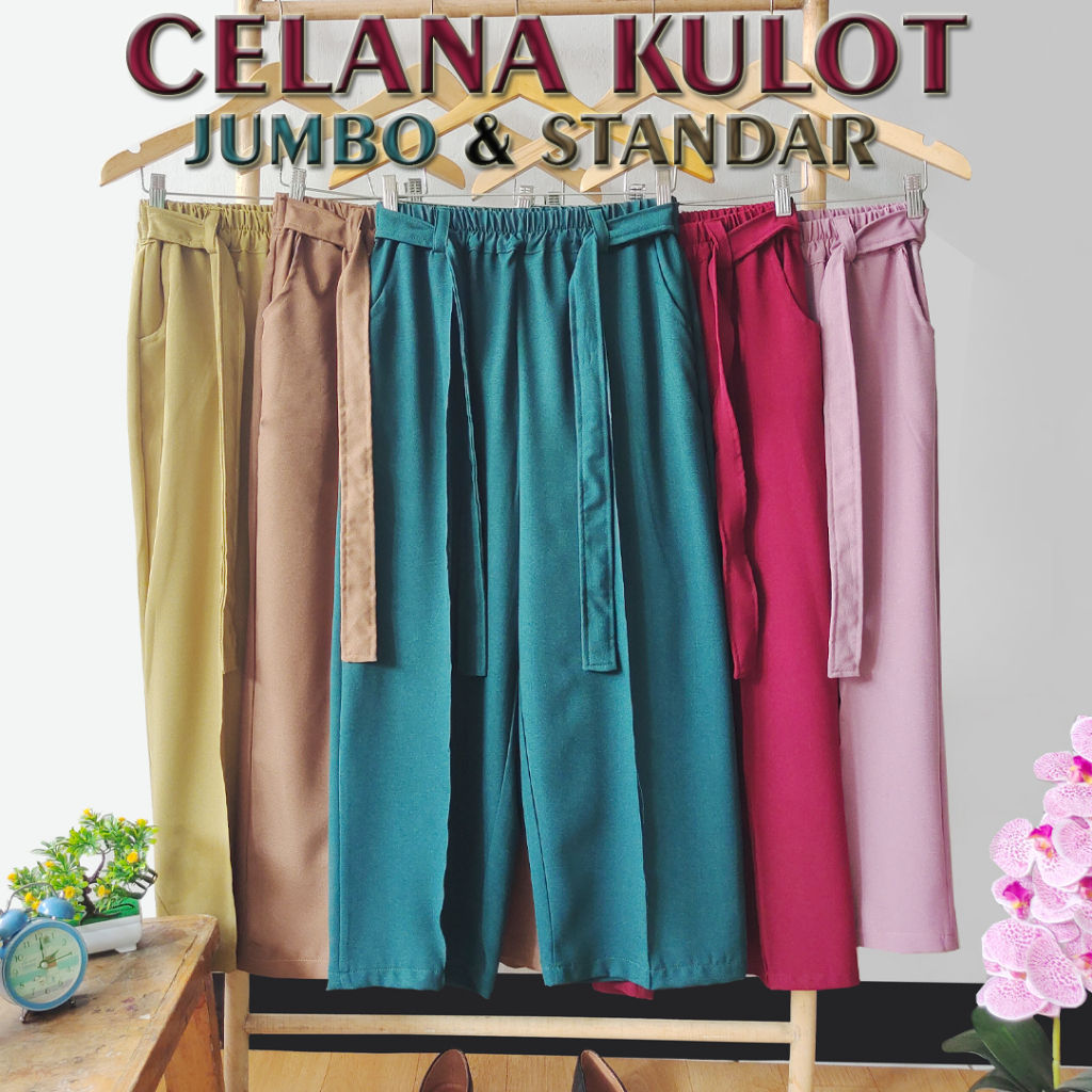 Celana Kulot Wanita Dewasa Jumbo Panjang Harian Full Karet Murah Over Size Ibu Remaja Tali Pinggang 