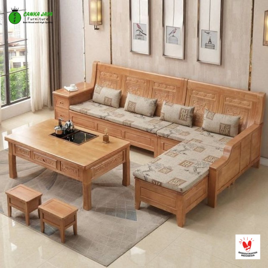CANKA - Satu Set Kursi Ruang Tamu Minimalis Sudut Sofa Kayu Jati