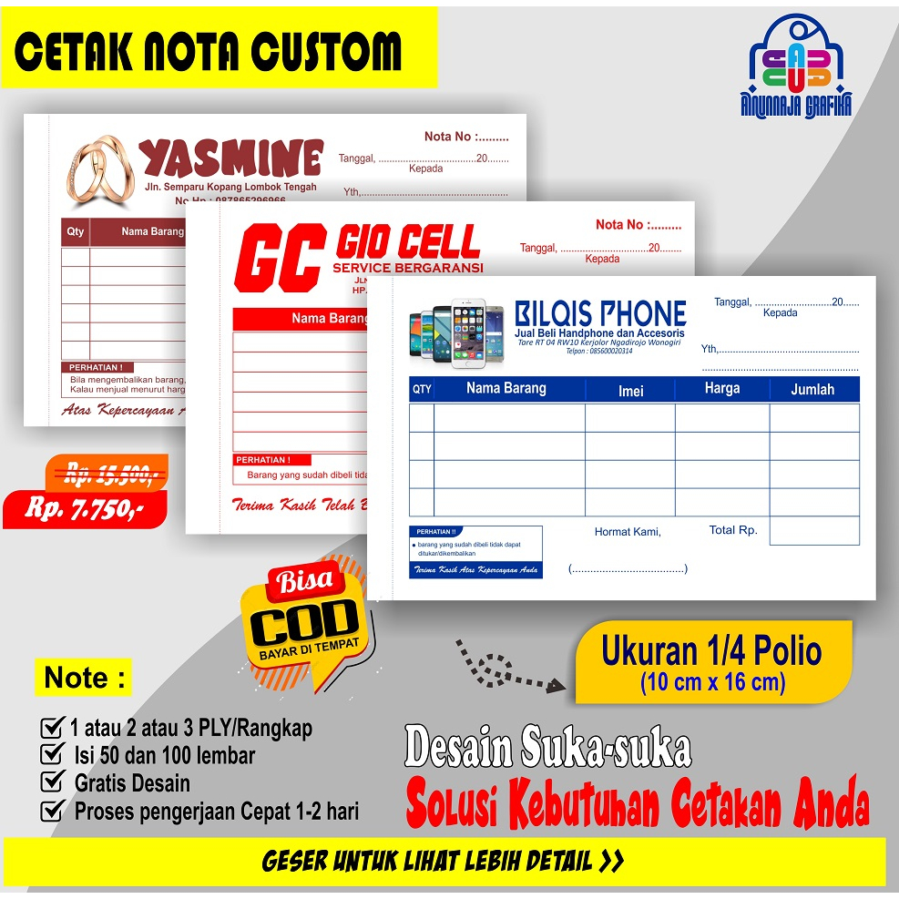 

Cetak nota custom landscape pake nama toko sendiri ukuran 1/4 folio 1/2/3 ply
