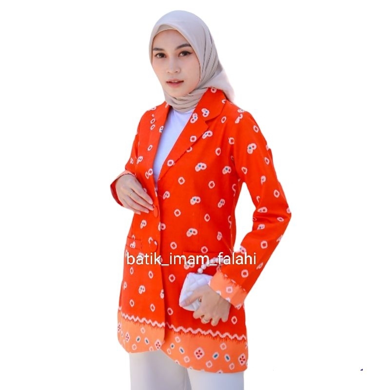 Blazer Batik Jumputan Orange Seragam Kantor Baju Kerja Guru Bahan Katun Adem Jumbo Wanita Ukuran XS S M L XL XXL 3XL