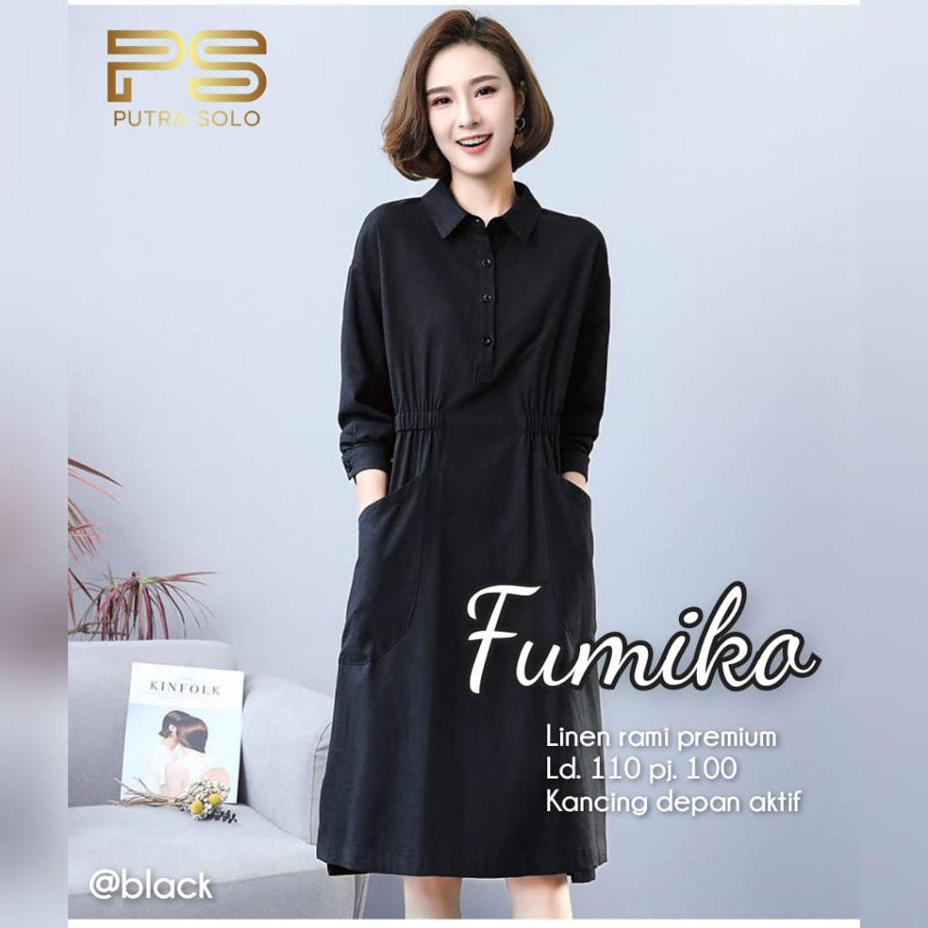 Fumiko Midi Dress Wanita Linen Rami Premium LD 110 By Putra Solo