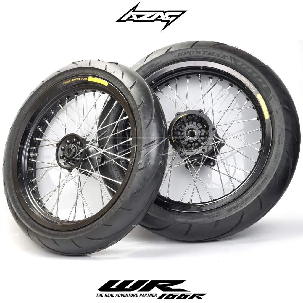 BAN SET SUPERMOTO WR155 EXCEL TAKASAGO TROMOL SCARLET 2TONE DUNLOP SPORTMAX QLITE