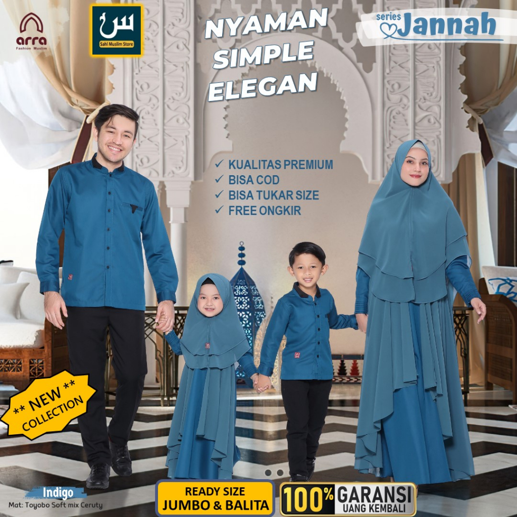 JANNAH Baju Sarimbit Gamis Koko Kemko Seragam Couple Keluarga muslim Lebaran Ayah Ibu Dan Anak Lengan Panjang Toyobo Premium Warna Biru Indigo