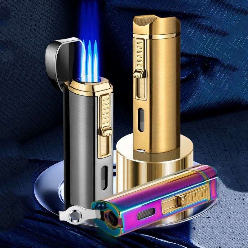 Metal Cigar Lighter Metal Windrproof 3 Jet Torch Blue Flame Refillable Gas Butane Cigar Lighter Acce