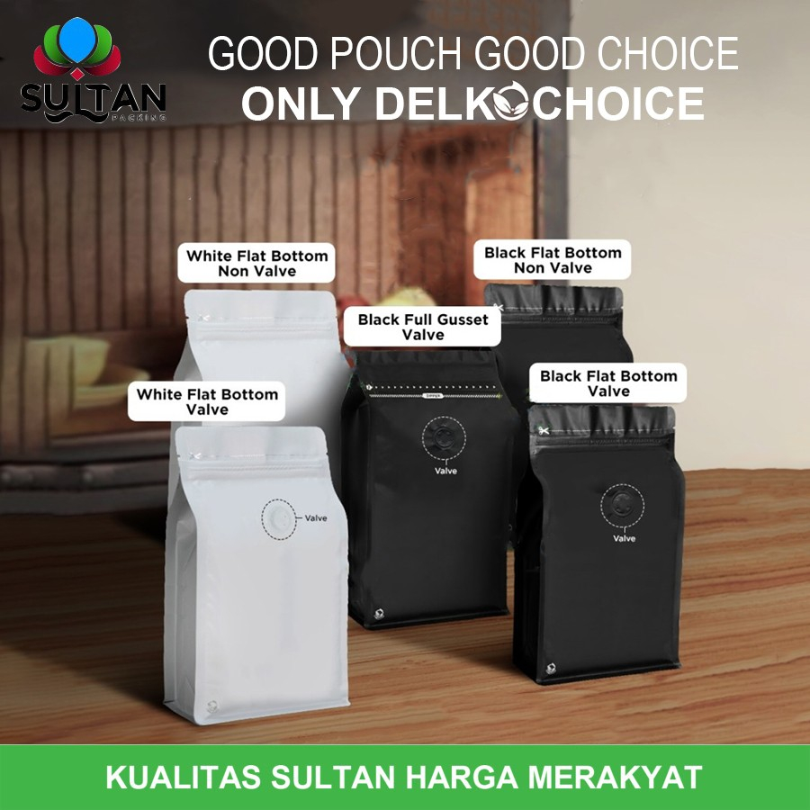 STANDING POUCH FLAT BOTTOM KEMASAN KOPI VALVE NON VALVE