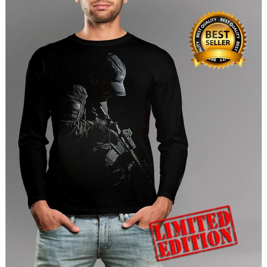 Baju Kaos Pria Distro Lengan Panjang Gambar Sniper Topi