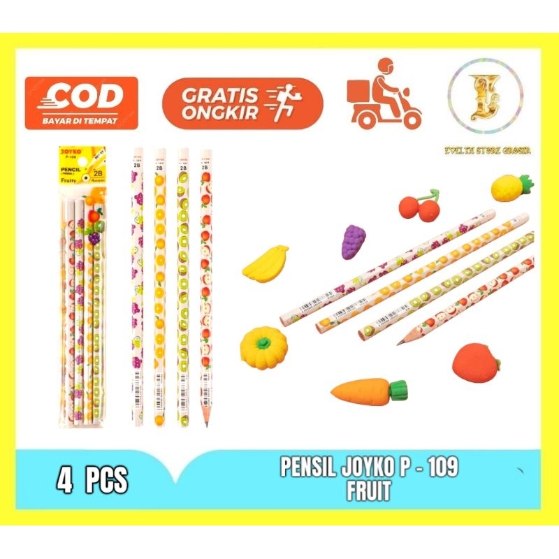 

JOYKO P109 Pensil Tulis 2B FRUIT isi 4 Pcs Cocok Ujian Komputer