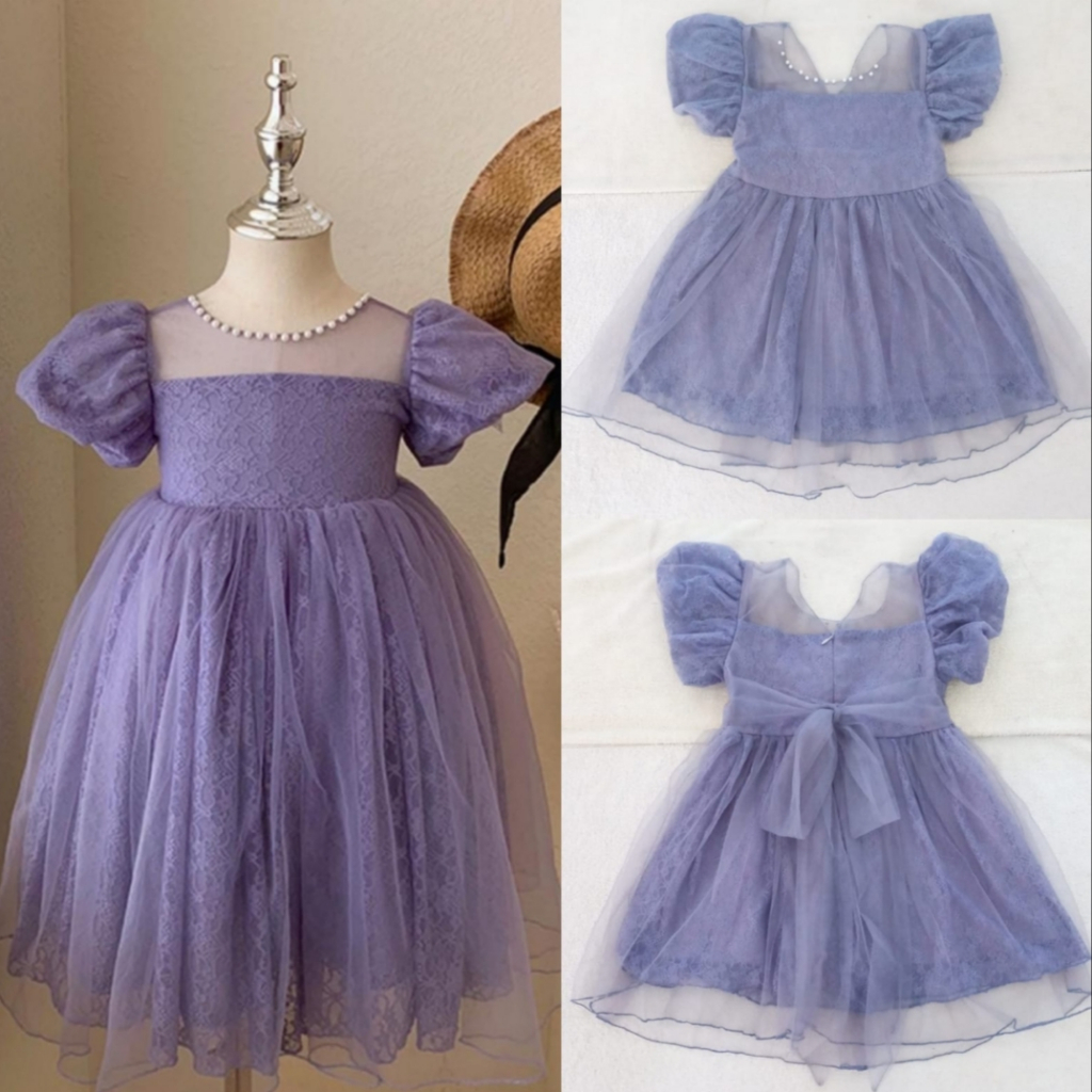 (3-7th) Dress brukat anak import ungu lengan balon gaun pesta brokat lace
