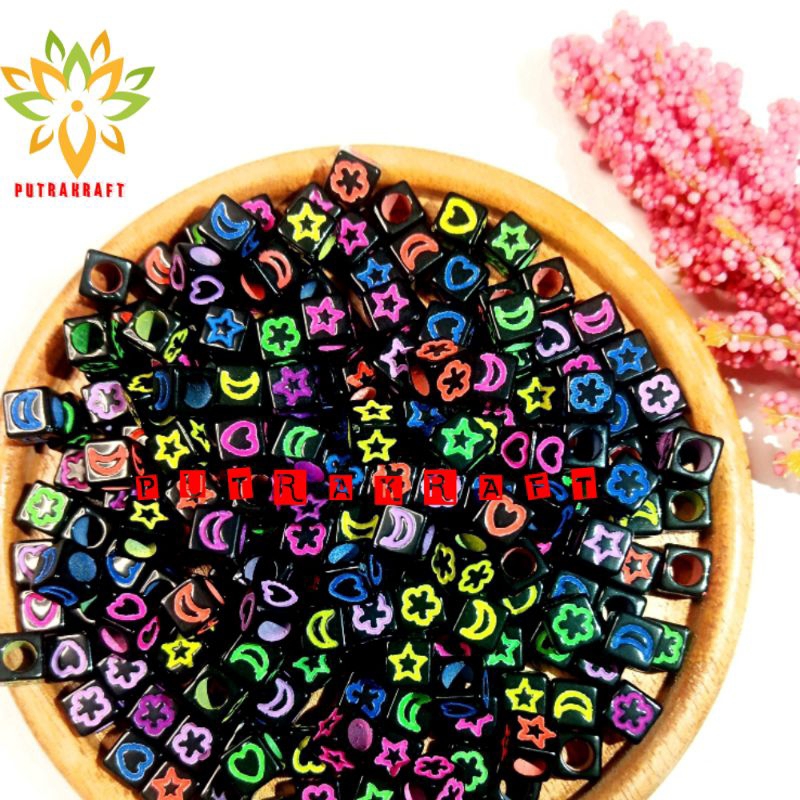 {100 Pcs} Manik Manik Mote Kotak Mote Motif Mix Balok Mute Alfabet Dadu