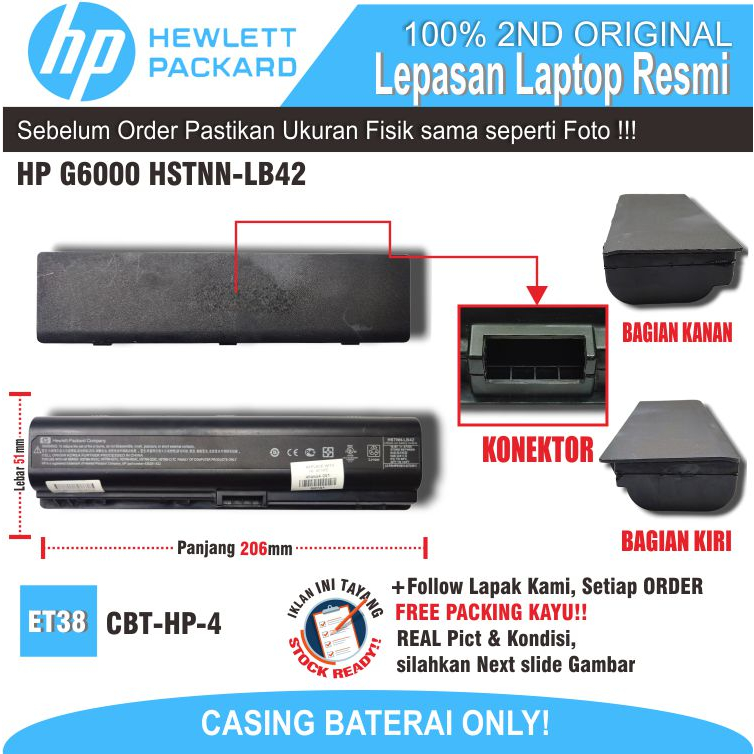 ET38 CBT-HP-4 CASING BATERAI LAPTOP HP G6000 HSTNN-LB42